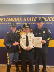Superintendent of the Delaware State Police, Colonel Melissa A. Zebley, Fenwick Island Police Chief John Devlin and Corporal Chris Story