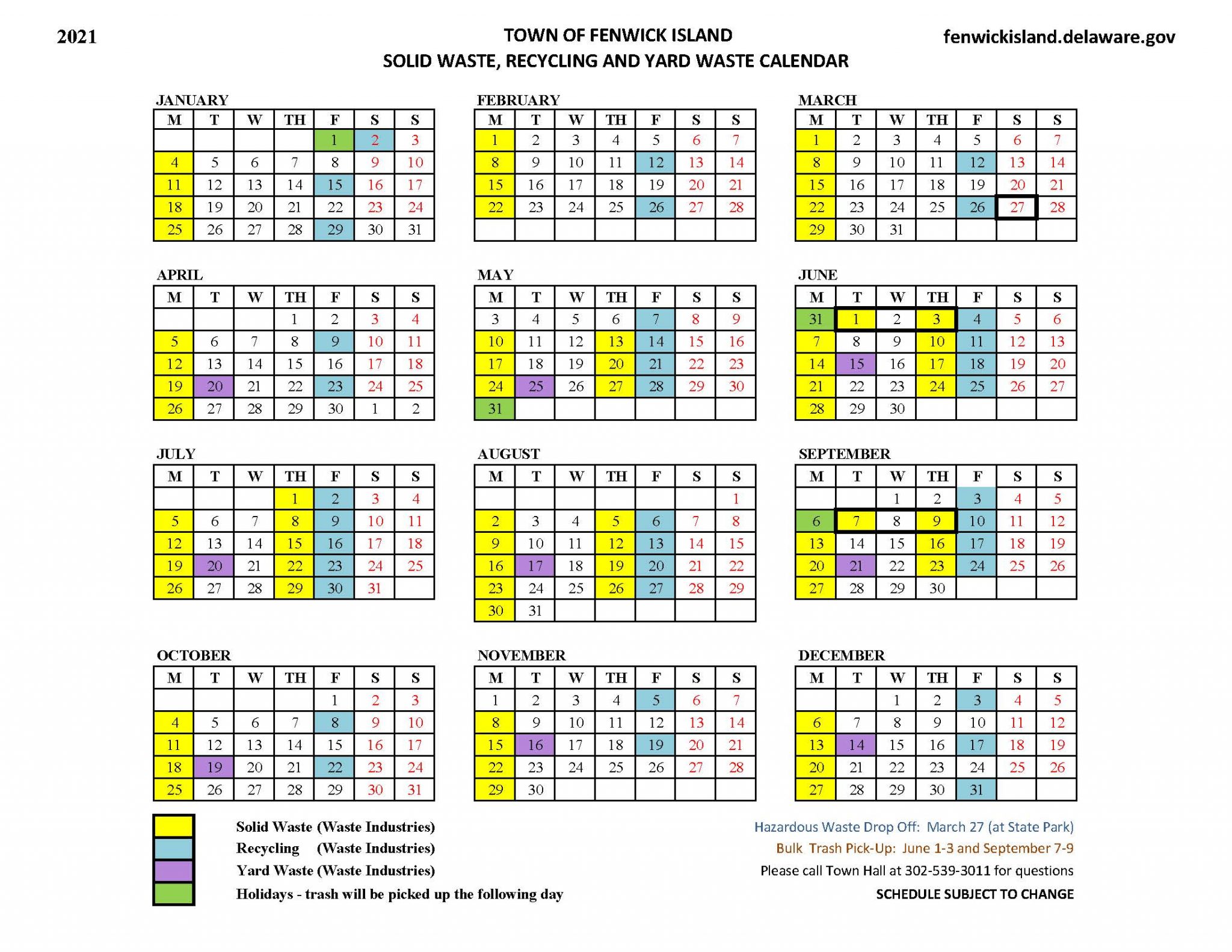 2021 Solid Waste, Recycling and Yard Waste Calendar - Fenwick Island - Sussex County, Delaware