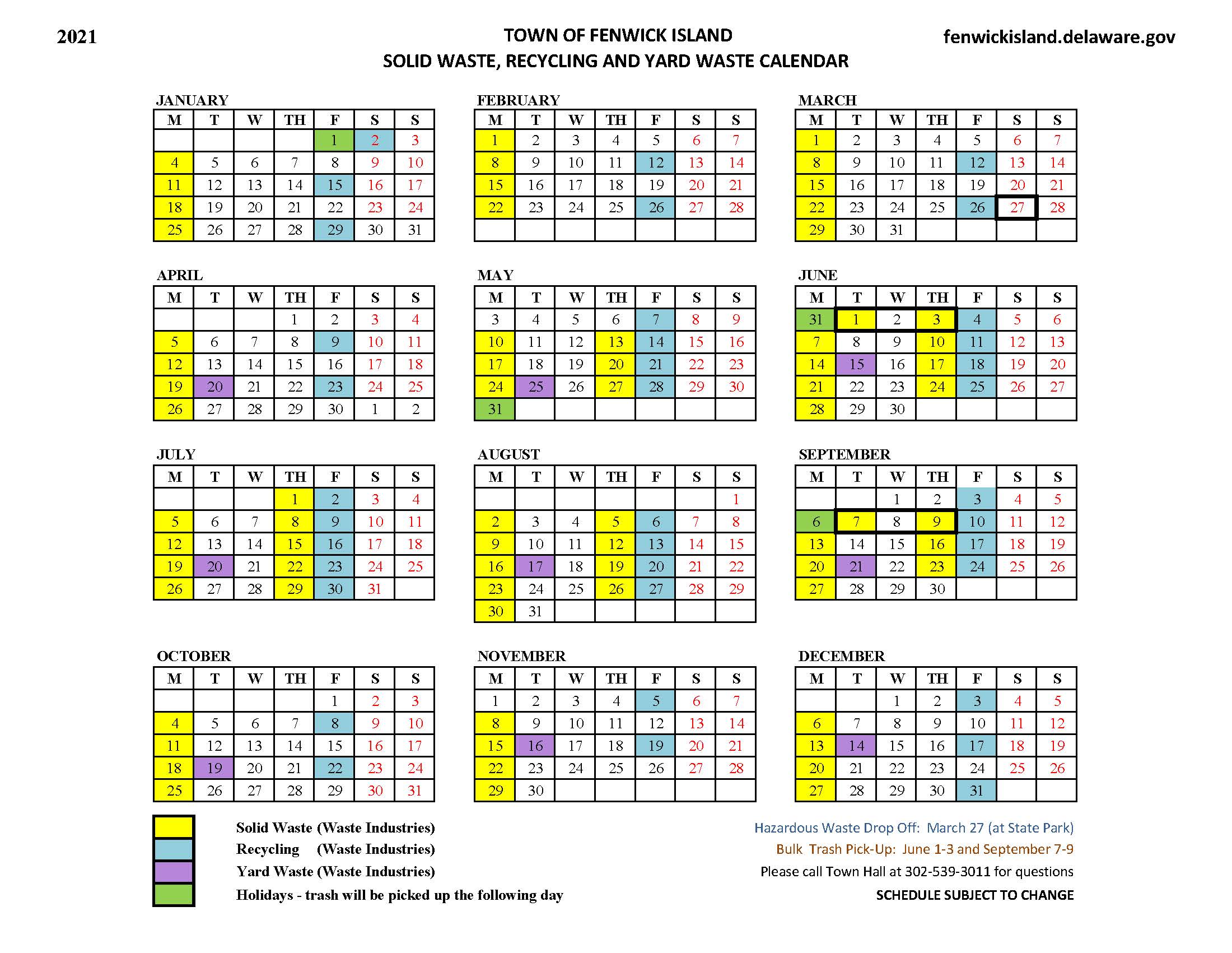 2021 Solid Waste Recycling Yard Waste Calendar Fenwick Island